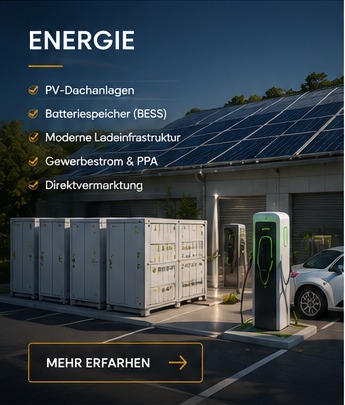Energy: Photovoltaik-Dachanlage, Batteriespeicher und moderne Ladeinfrastruktur